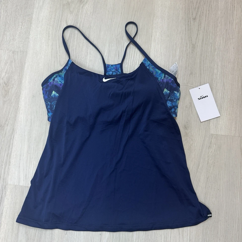 Nike Women's Tie Dye Layered Tankini Swim Top Navy Blue Size Small Open Back