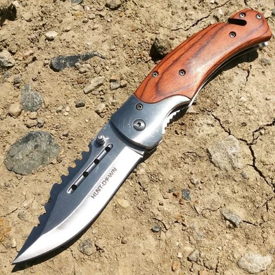 Hunt-Down 8" Spring Assisted Tactical Rescue Pocket Knife - Wood Handle - Image 1 of 3