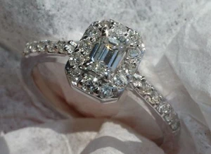 GIA Certified Emerald Cut Diamond Engagement Ring E-SI2 Micro Pave Halo EJ123 - Picture 1 of 11