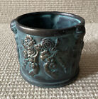 Glazed Terra Cotta Pottery Round Planter Floral Ribbons Motif Blue Gold Vtg