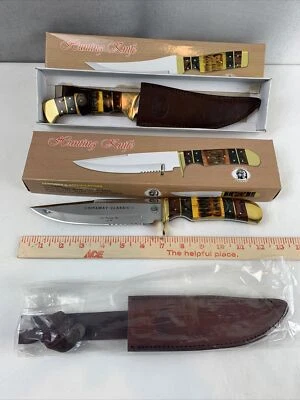 Lot Of 2 - 12" CHIPAWAY Cutlery Carved BONE HANDLE Hunting KNIFE LEATHER SHEATH - Image 1 of 4