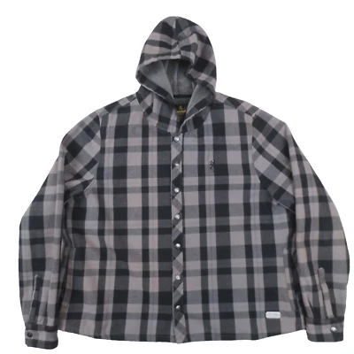 Browning Flannel Shirt Jacket Men 2XL Gray Black Plaid Snaps Hooded Fleece Lined - Image 1 of 4