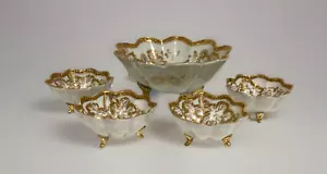 Antique Shofu Nagoya Nippon Beaded Moriage Gilt Scalloped Footed Bowl set w/4 di - Picture 1 of 9