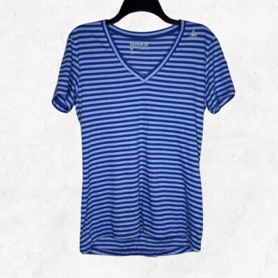 锐步女式短袖活动 T 恤中号蓝色条纹轻便二手状况完好 — 第 1/4 张图片