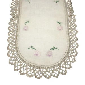 Vintage Linen Doily 9 x 18" Crocheted Lace Trim Embroidered Pink Floral Design - Picture 1 of 7