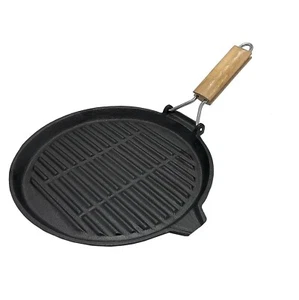 WILDTRAK Cast Iron Round Grill Pan Skillet with Folding Wooden Handle - Picture 1 of 2