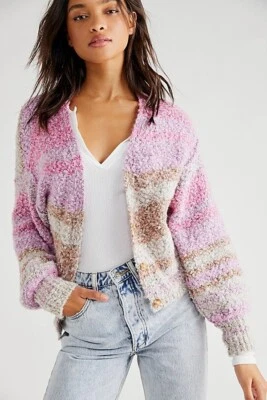 Free People Soulmate Cropped Slouchy Cardigan, Pink Grey, X-Small, RRP $118 - Image 1 of 3