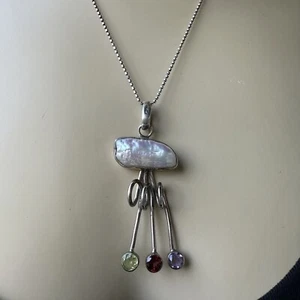 VTG Pendant Necklace 18" Baroque Pearl Sterling Silver Green Peridot Red Garnet - Picture 1 of 9