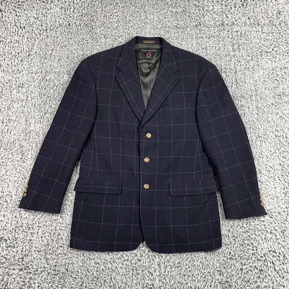 Vintage Tommy Hilfiger Jacket Mens L Navy Grid Check Sports Coat USA Prep Blazer - Image 1 of 4