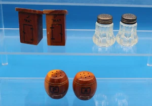 VINTAGE 3 PAIRS SALT & PEPPER SHAKERS WOOD & GLASS/SILVER - Picture 1 of 2