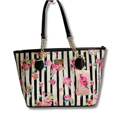 Luv Betsey Johnson Rose Gold Chain Tote Bag White Black Striped 9"x 15" x6" NWT - Image 1 of 4