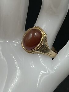 Estate 10k Yellow Gold Carnelian Ring Etched Band Sz 9 4.28g