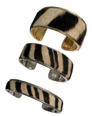 GENUINE ZEBRA HIDE CHANNEL CUFF BRACELET BANGLE - 3 Widths - Gold or Silver NEW - Image 1 of 2