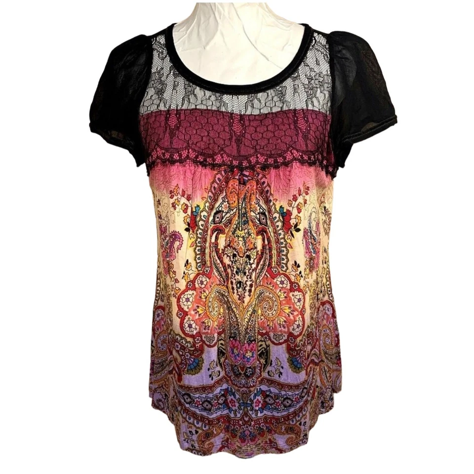 VTG Y2K Lace Top Indie Colorful Paisley Sheer Artsy Feminine Silky Tunic SZ S - Image 1 of 4