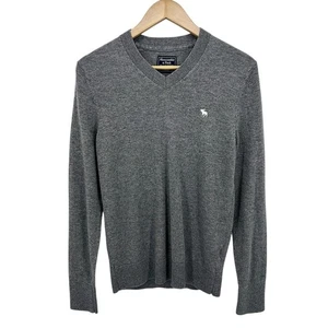 Abercrombie & Fitch Y2K Herren Wolle Baumwollmischung V-Ausschnitt Pullover Gr. XS Grau Logo - Bild 1 von 13