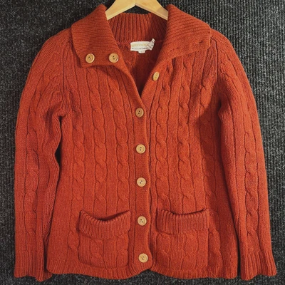 Cárdigan de lana de colección para mujer M ladrillo tejido con cable botones de madera raglán mediados de siglo años 60 Foto 1 de 4