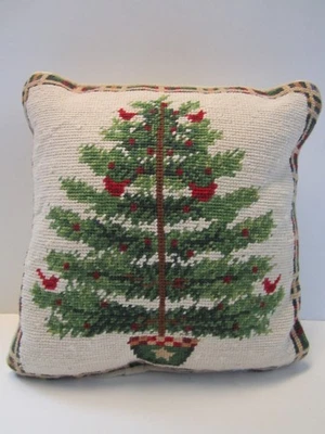 Christmas Tree Wool Needlepoint Throw Pillow Wool Velvet Cardinals Cream Vintage - Image 1 of 4