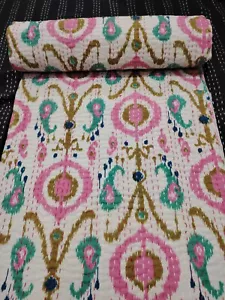 Indian Hand Block Cotton Kantha Quilt Floral Print Bedspread Blanket Throw Gudri - Picture 1 of 9