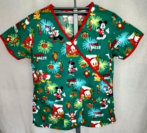 Disney Christmas Scrub Top Mickey Mouse Donald Duck The Halls Womens Size XS - Picture 1 of 10