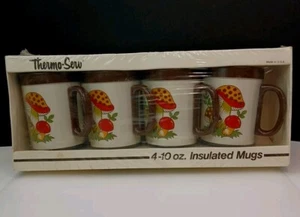 4 VTG SEALED Sears Roebuck Thermo-Serv 10 oz. Insulated Merry Mushroom Mugs - Bild 1 von 16