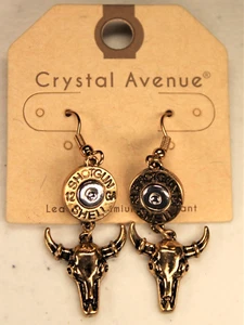 Crystal Avenue Shotgun Shell Steer Bull Gold Tone Dangle/Drop Hook Earrings - Picture 1 of 3