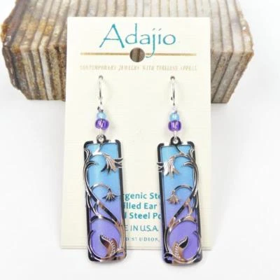 Adajio Earrings Blue and Purple Column with Bell Flower Overlay Sterling Hook - Image 1 of 4