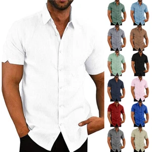 COTTON LINEN Mens Solid Shirts Casual Summer Short Sleeve Tops Blouse T-Shirt 46 - Picture 1 of 29