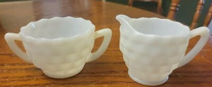 Vintage Anchor Hocking White Milk Glass Creamer and Sugar Set Diamond Pattern - Picture 1 of 4
