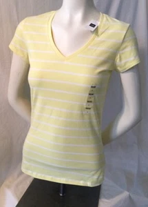 GAP Gelb mit weißen Streifen V-Ausschnitt Damen Ladies Kurzarm Shirt Neu  - Bild 1 von 5