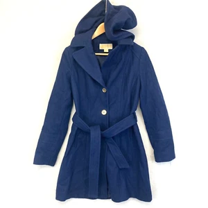 Michael Kors Belted Peacoat 6 Navy Blue Wool Blend Trench Coat Belted Overcoat - Picture 1 of 18