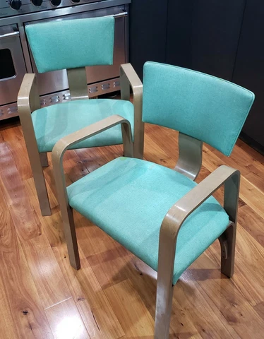 Vtg Pair Thonet Bentwood Aqua Blue Vinyl Dining Arm Chairs Mid Century Modern Cover