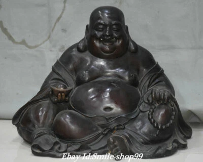 19.6" Old Tibet Buddhism Pure Bronze Happy Laugh Maitreya Buddha Yuanbao Statue - Image 1 of 4