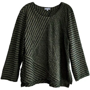 Habitat Size L Green Black Round Neck Comfy Art Boho Pucker Texture Tunic Top - Picture 1 of 6