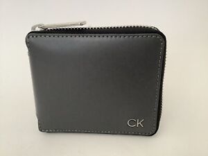 New Men’s Calvin Klein Smooth Grey Leather Zip-around Wallet with Coin Pocket