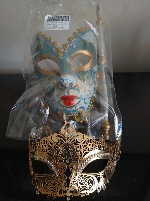 Máscara de fiesta de mascarada veneciana con palo de mano y media máscara conjunto para él y la suya Foto 1 de 4