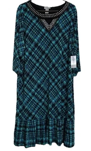 Catherines Dress Sz 1X 18-20W Blue Black Sheath Geometric Pleated Hem Sleeve NWT - Picture 1 of 16