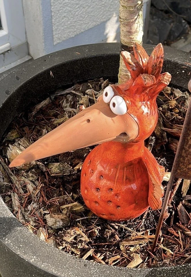 Keramik Vogel Rot Gartenkugel Gartenkeramik Handarbeit Gartenstecker Beetstecker - Bild 1 von 1