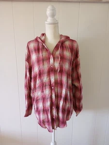 Aerie Flanell Button Down Hemd XL rosa kariert Kapuze Tunika Oberteil Langarm - Bild 1 von 6