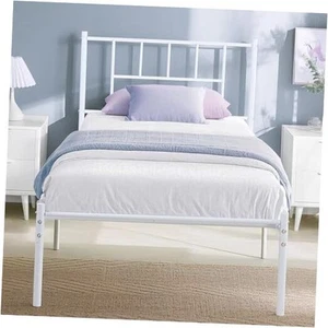  Metal Platform Bed Frame with Headboard, Heavy Duty Steel Slat Twin White - Picture 1 of 8