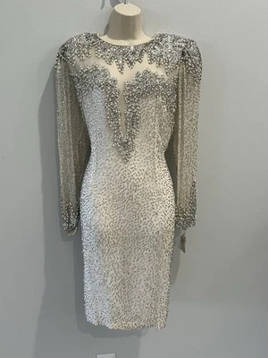 Vintage Nite Line Womens Beaded Sequin White Sheath Wedding Prom Cocktail Dress - Image 1 of 4