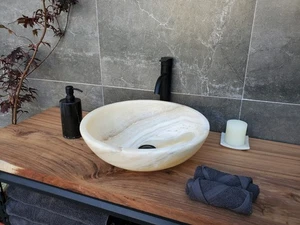 Lavello a vaso tondo in onice bianco e marrone, 15,5 pollici pietra naturale neutra lavandino - Foto 1 di 16