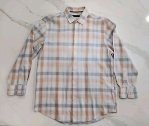 Alfani Medium Men's Long-Sleeve Plaid Button-up Shirt Gray Beige 100% Cotton SEE