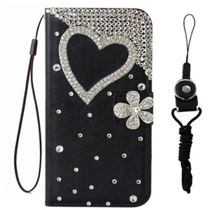 Love Heart Flowers Bling Diamonds Stand Leather Wallet Women Phone Case - Picture 1 of 12