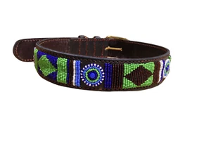 Collar y correa de cuero con cuentas para perro África Masai verde/azul personalizado nombre de mascota XXS-XXL - Imagen 1 de 20