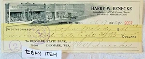 1925 Bank Check DENMARK WISCONSIN DENMARK STATE BANK HARRY W. BENECKE - Picture 1 of 2