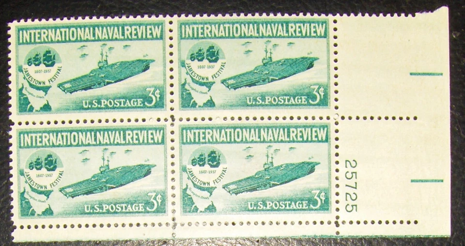 US 3¢ stamp SC #1091 International Naval Review MNH 1957 with plate block. - Image 1 of 1