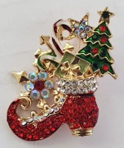 Elf Boot Christmas Themed Pin Brooch Multicolored Crystals Tree Gift Candy Cane - Picture 1 of 7