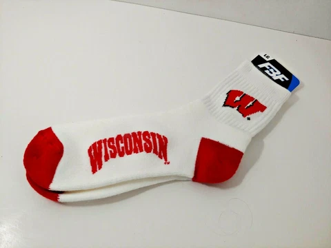 Men's Wisconsin Badgers Socks Size Large FBF new white red W logo Cover