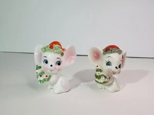 2 Vintage Porcelain Christmas Mice Spaghetti Trim Figurines Japan - Picture 1 of 7