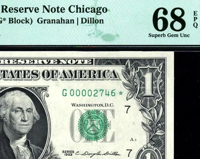 1963* 1900-Gm* $1 Chicago MULE STAR Low Serial Number • PMG 68 EPQ ((TOP POP)) - Image 1 of 3